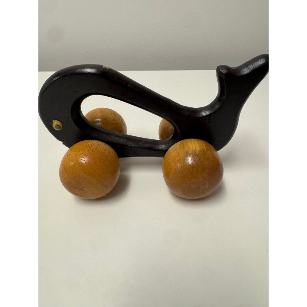 Vtg Wood Whale Pusher Toy Rolling Wheels Googly Eyes Massager